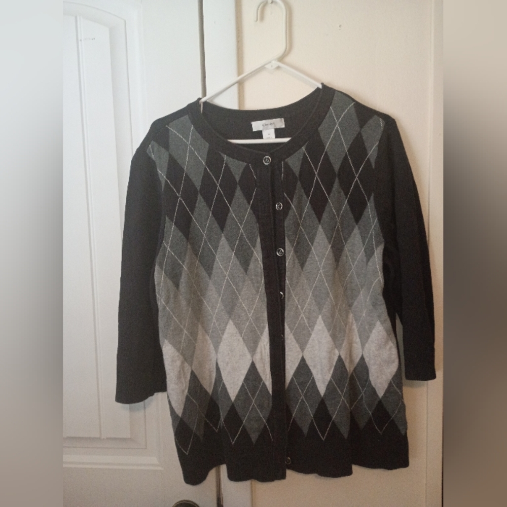 CJ Banks Black and Gray Argyle Cardigan